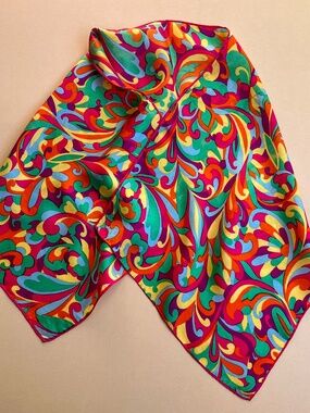 Vibrant Vintage 1960s Colorful Psychedelic Print Silk Scarf